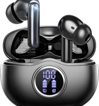 Wireless Earbuds, Bluetooth 5.4 Headphones Bass Stereo, Ear Buds with Noise Cancelling Mic, LED Display in Ear Earphones Clear Calls, IP7 Waterproof Bluetooth Earbuds for Phones/Sports/Laptop, White