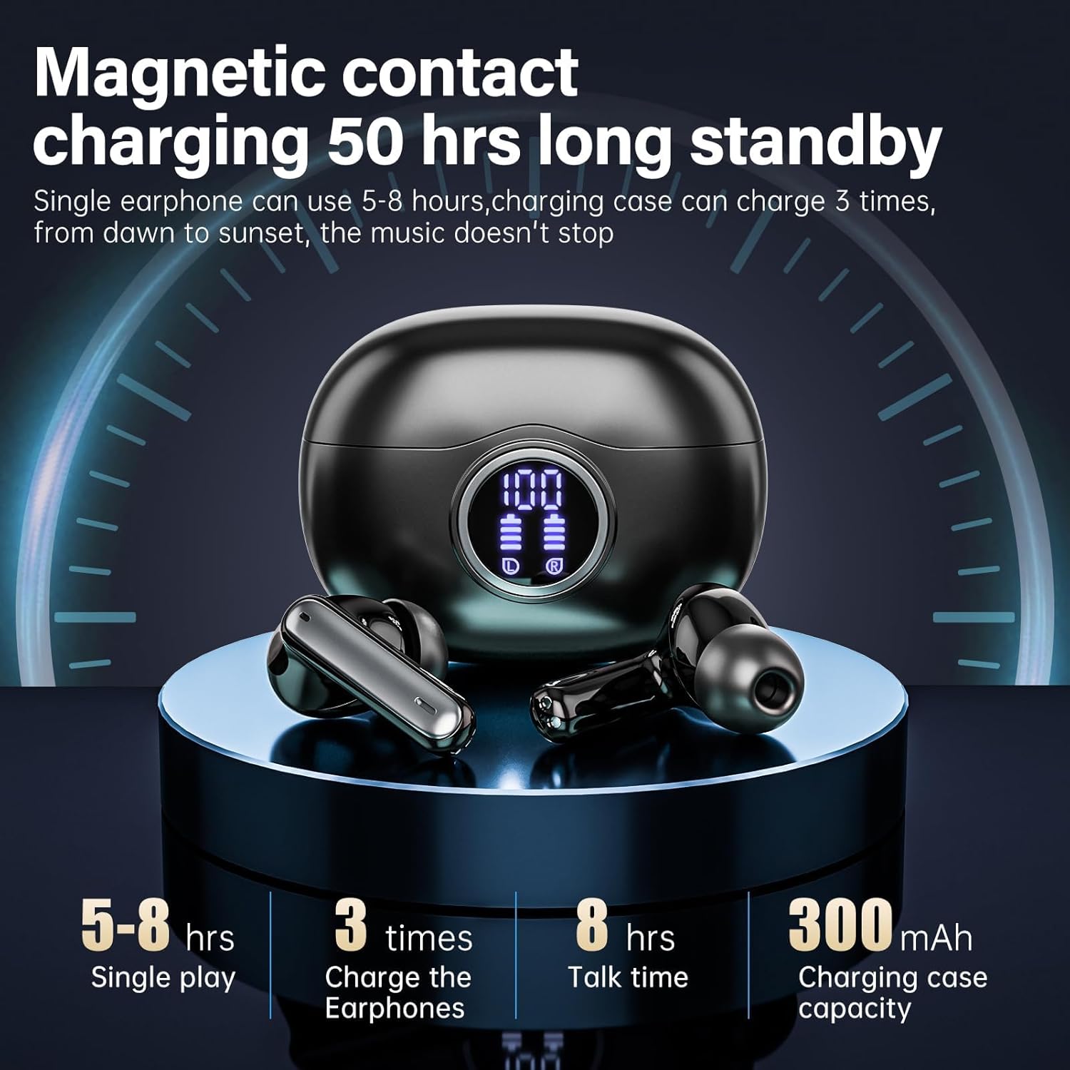 Wireless Earbuds, Bluetooth 5.3 Headphones HiFi Stereo 50H Playback LED Digital Display Ear Buds with ENC Noise Canceling Headset, IPX7 Waterproof Earphones for Gym/Running/Work (Black) - Image 3