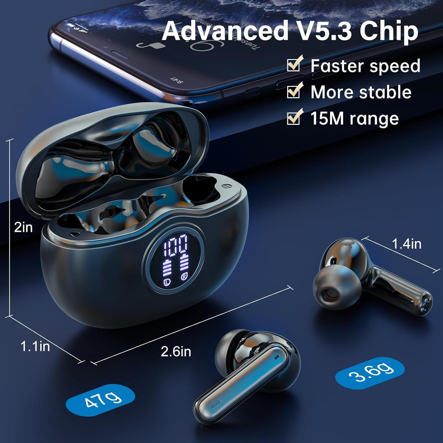 Wireless Earbuds, Bluetooth 5.3 Headphones HiFi Stereo 50H Playback LED Digital Display Ear Buds with ENC Noise Canceling Headset, IPX7 Waterproof Earphones for Gym/Running/Work (Black) - Image 4
