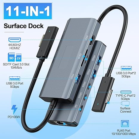 11-in-1 Surface Pro Docking Station, Surface Dock 4K@60HZ HDMI Surface Docking Station for MS Surface Pro 12/11/10/9/8/X/7/6/5/4/3, Surface Laptop 6/5/4/3/2/1, Surface Laptop Go 3/2/1, Surface Book - Image 4
