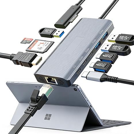 11-in-1 Surface Pro Docking Station, Surface Dock 4K@60HZ HDMI Surface Docking Station for MS Surface Pro 12/11/10/9/8/X/7/6/5/4/3, Surface Laptop 6/5/4/3/2/1, Surface Laptop Go 3/2/1, Surface Book